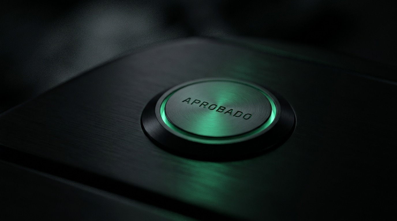 Botón físico de aprobación con la palabra APROBADO grabada, iluminado en verde sobre una consola de metal negro