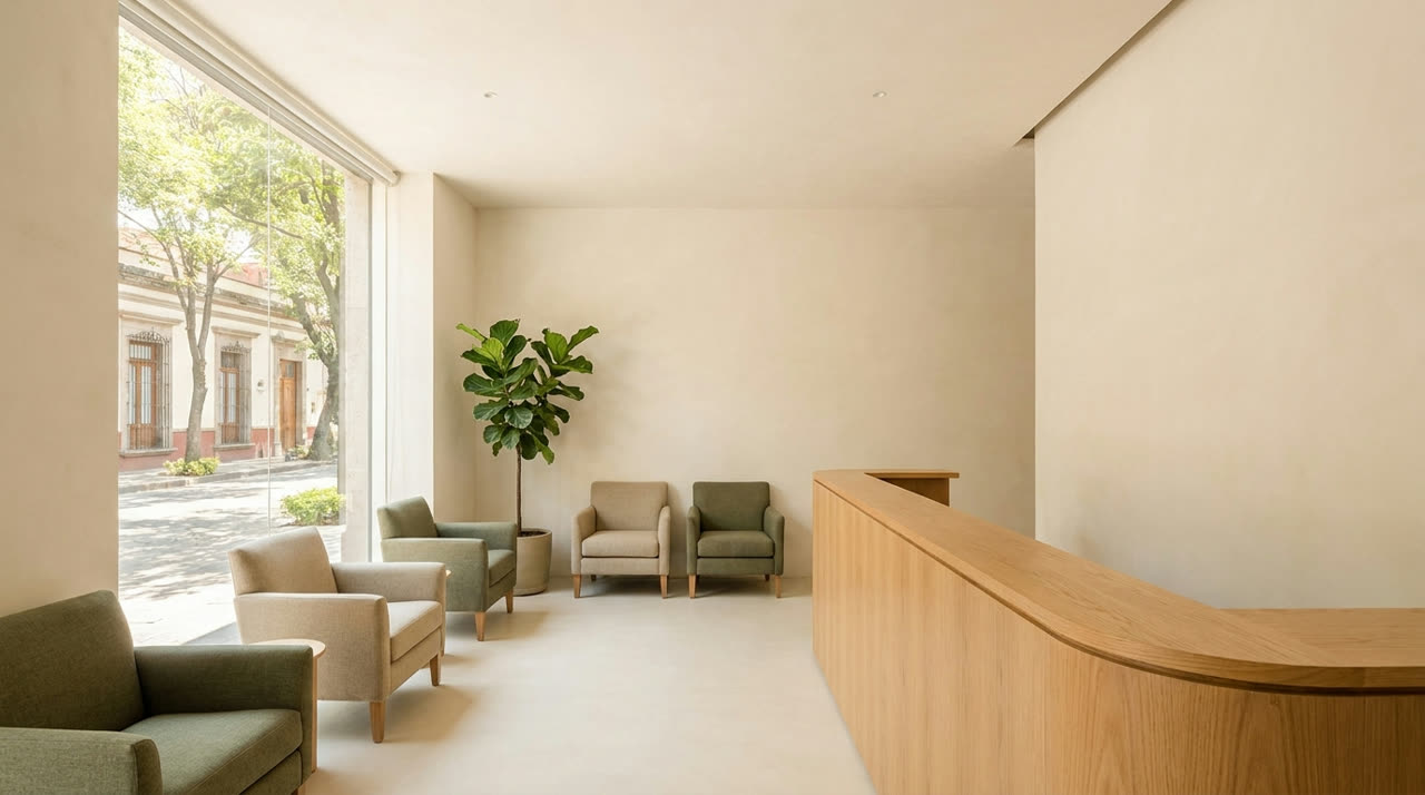 Recepción moderna y luminosa de una clínica