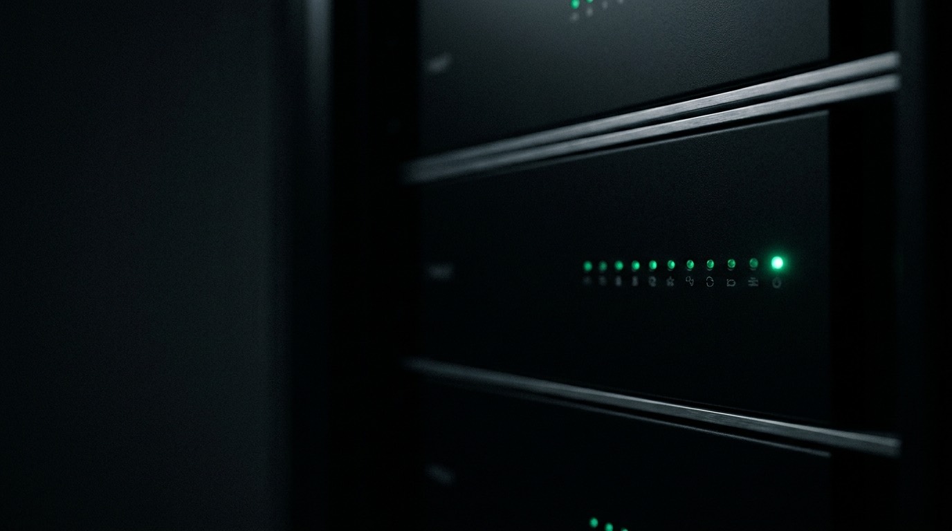 Panel de servidor negro mate con una fila de LEDs de estado en verde esmeralda encendidos en la oscuridad